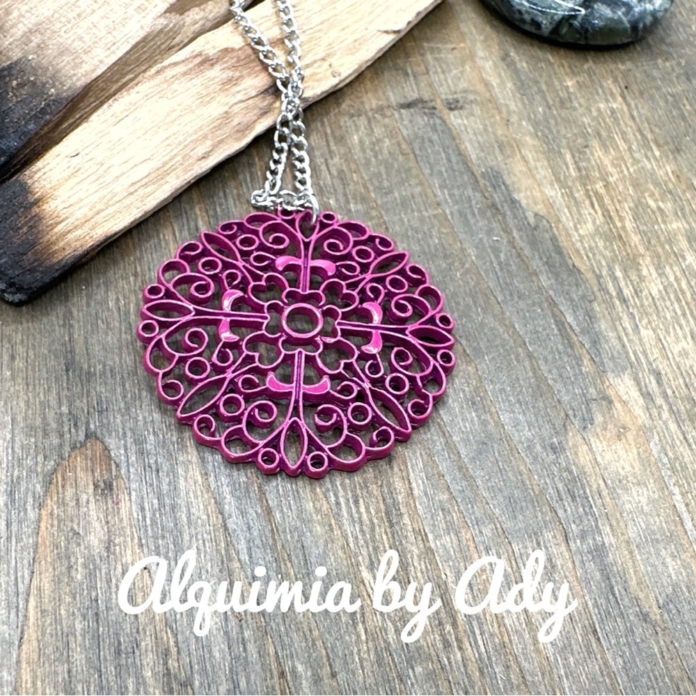 Magenta big mandala pendant delicate chain long 32” necklace